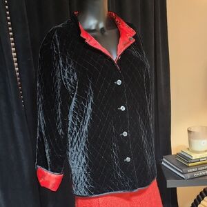 VINTAGE FRANCE LAUNDRY BLACK VELVET JACKET RED SATIN ACCENT OVERSIZED LARGE